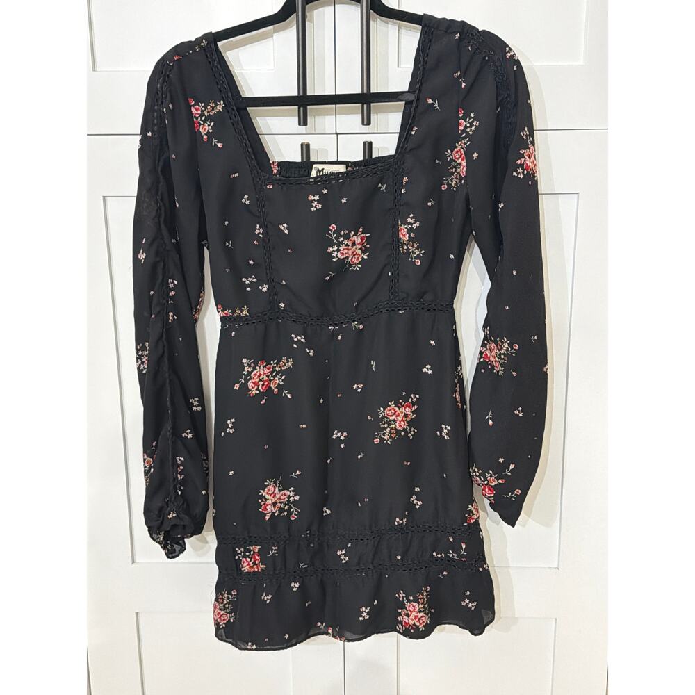 Show Me Your Mumu Black Floral Mini Dress Small Boho Cottagecore Long Sleeve